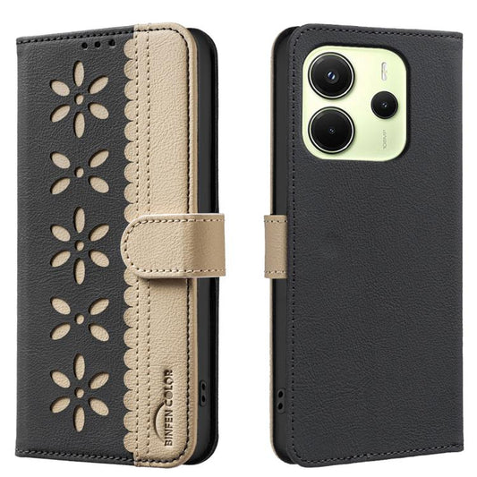 Splicing Color Hollow Flower Pattern RFID Leather Phone Case, For Redmi Note 14 4G 163.25mm, For Redmi Note 14 Pro 5G / 14 Pro+ 5G, For Redmi K70 / K70 Pro, For Redmi A3, For Redmi Note 13 Pro 4G, For Redmi Note 13 4G Global, For Redmi K70E            ...
