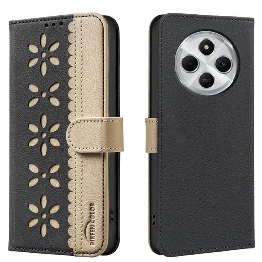 Splicing Color Hollow Flower Pattern RFID Leather Phone Case, For Redmi 14C, For Redmi Note 14 5G, For Redmi Note 14 Pro 4G, For Redmi Note 14 4G 163.25mm, For Redmi Note 14 Pro 5G / 14 Pro+ 5G, For Redmi K70 / K70 Pro, For Redmi A3                    ...