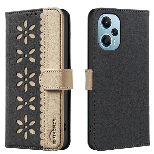 Splicing Color Hollow Flower Pattern RFID Leather Phone Case, For Redmi Note 12 Turbo, For Redmi Note 11 / Note 11S, For Redmi Note 12 Pro, For Redmi Note 12 4G, For Redmi 12C, For Redmi Note 12 Pro+, For Redmi Note 12 5G