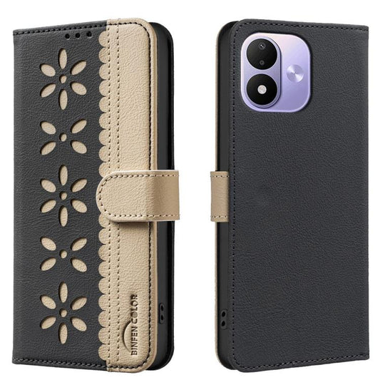 Splicing Color Hollow Flower Pattern RFID Leather Phone Case, For Redmi Note 17 4G Global 169.7mm, For Redmi Note 17 Pro+ 5G Global 163.4mm, For Redmi Note 17 Pro 5G Global 163.5mm, For Redmi 17 5G / 4G Global 170mm, For Redmi K90 Max 5G               ...