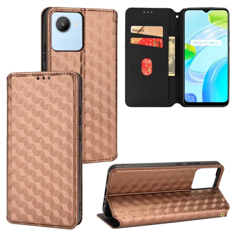 Cubic Grid Texture Flip Leather Phone Case, For Realme C55, For Realme C33, For Realme C30, For Realme C31, For Realme Narzo 50A Prime / C35, For Realme C35