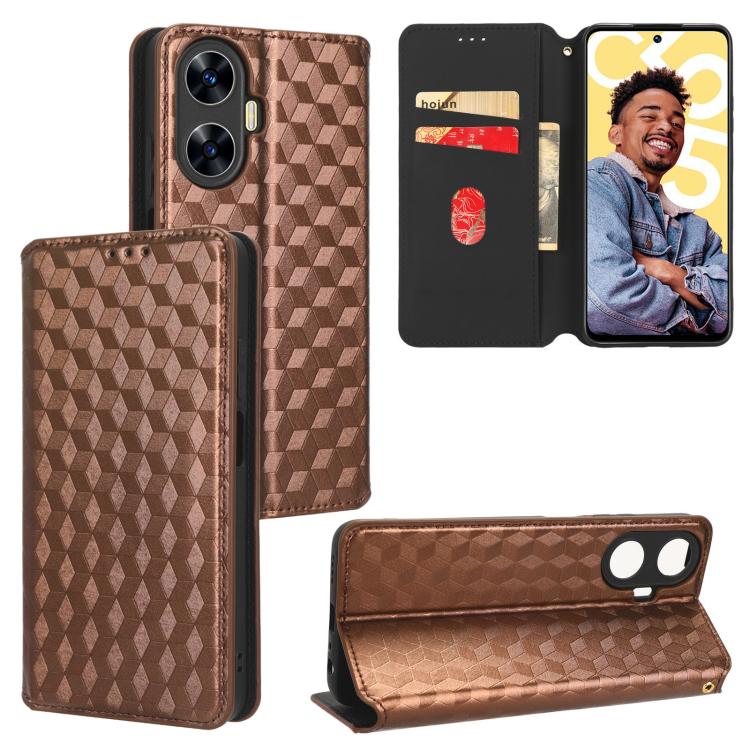 Cubic Grid Texture Flip Leather Phone Case, For Realme C55, For Realme C33, For Realme C30, For Realme C31, For Realme Narzo 50A Prime / C35, For Realme C35
