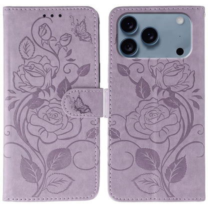 Rose Butterfly Embossed Leather Phone Case, For iPhone 17e / 16e, For iPhone 17 Pro Max, For iPhone 17 Pro, For iPhone 17, For iPhone Air