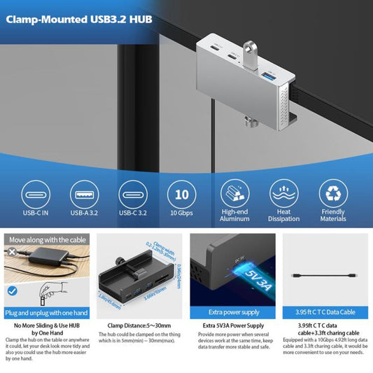 HCL-2A1CTS-Pro Aluminum Alloy 5-port USB3.0 Clamp Hub, HCL-2A1CTS-Pro