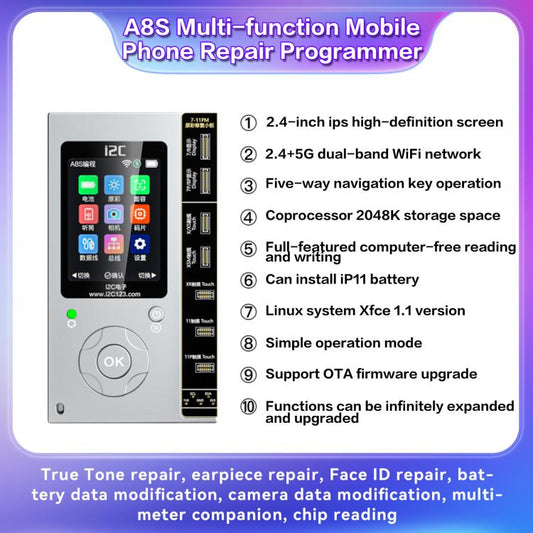 Programmeur de réparation de téléphone multifonction i2C A8S, hôte + carte True Tone 7-15 Pro Max, hôte + carte True Tone 12-15 Plus, hôte