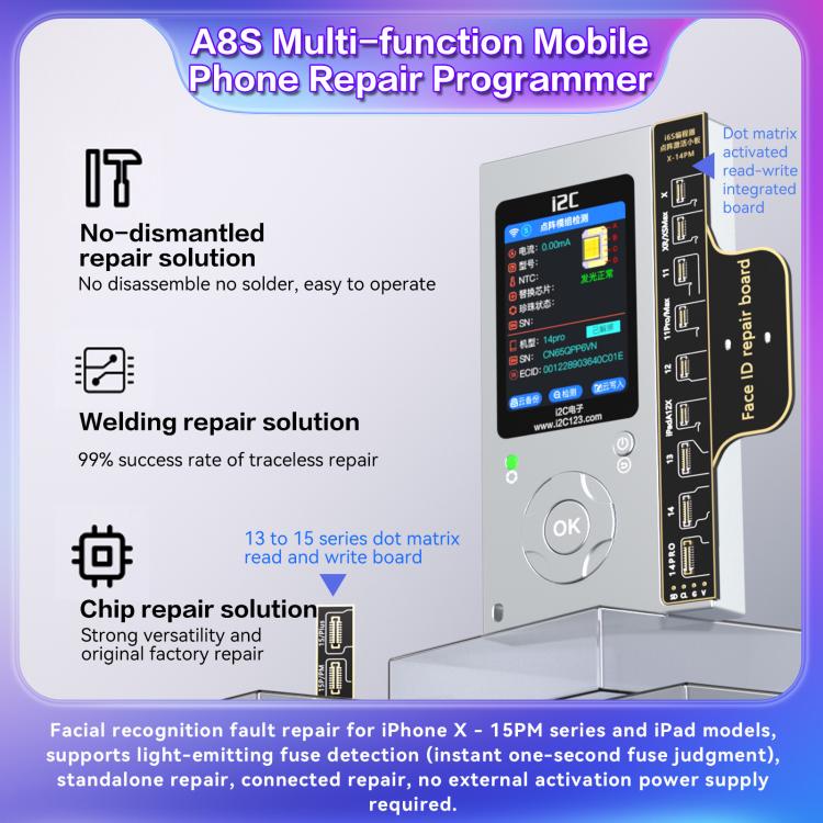 Programmeur de réparation de téléphone multifonction i2C A8S, hôte + carte True Tone 7-15 Pro Max, hôte + carte True Tone 12-15 Plus, hôte