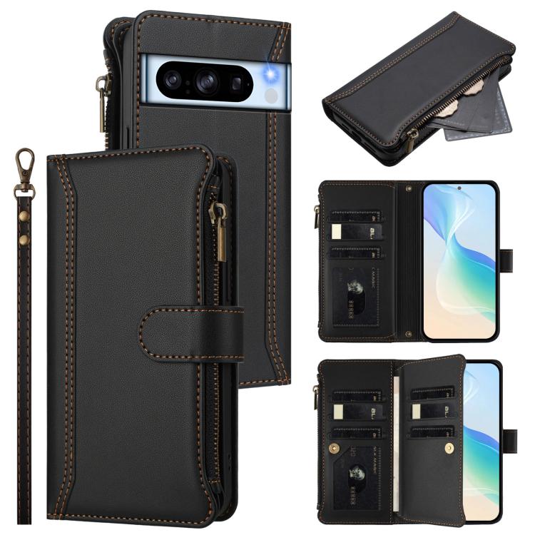Magnetic Closure 9 Card Slots Zipper Leather Case with Hand Strap, For Google Pixel 11 Pro XL, For Google Pixel 11 Pro / 11, For Google Pixel 10 Pro XL 5G, For Google Pixel 10 5G Global, For Google Pixel 9a, For Google Pixel 8a, For Google Pixel 8 Pro ...