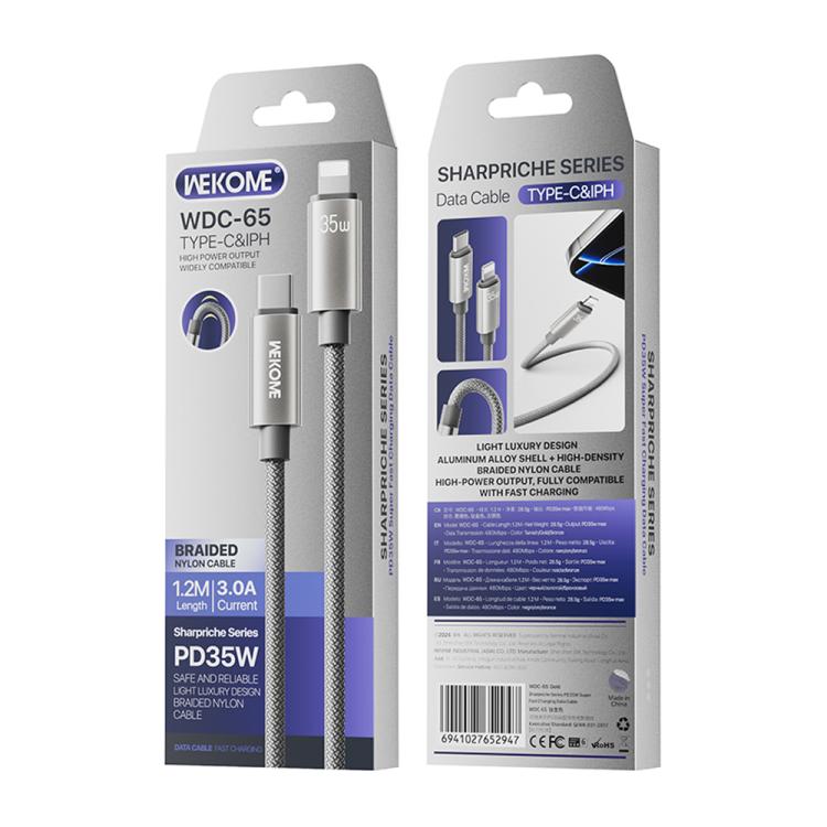 WK WDC-65 PD35W Type-C to 8 Pin Fast Charging Data Cable, Length: 1.2m, WDC-65