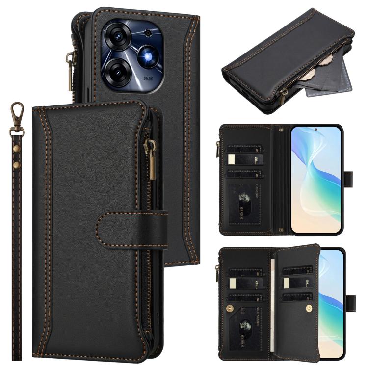 Magnetic Closure 9 Card Slots Zipper Leather Case with Hand Strap, For Tecno Spark 10C / Spark 10 4G, For Tecno Spark 10 Pro 4G, For Tecno Camon 19 / 19 Pro 5G, For Tecno Pova 4 Pro, For Tecno Pova 4, For Tecno Pova Neo 2                               ...