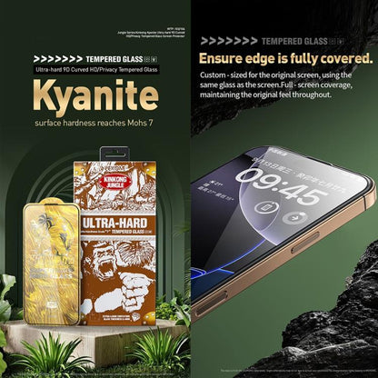 WK WTP-104 Jungle Series Kinkong Kyanite Ultra-hard 9D Curved Privacy Aluminum Glass Film, For iPhone 16 Pro Max, For iPhone 16 Pro, For iPhone 16 Plus / 15 Plus, For iPhone 16 / 15, For iPhone 15 Pro Max, For iPhone 15 Pro
