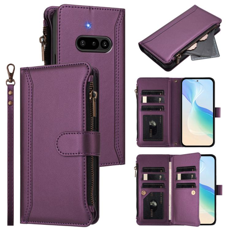 Magnetic Closure 9 Card Slots Zipper Leather Case with Hand Strap, For Nothing Phone 4a Pro, For Nothing Phone 4a, For Nothing Phone 3a, For Nothing Phone 3a Pro, For Nothing CMF Phone 1, For Nothing Phone 2A