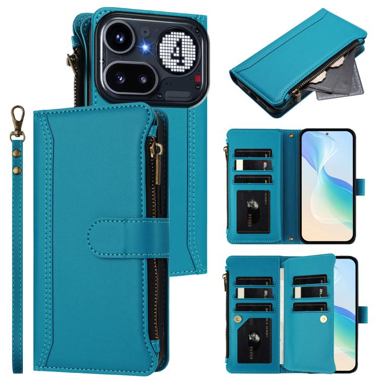 Magnetic Closure 9 Card Slots Zipper Leather Case with Hand Strap, For Nothing Phone 4a Pro, For Nothing Phone 4a, For Nothing Phone 3a, For Nothing Phone 3a Pro, For Nothing CMF Phone 1, For Nothing Phone 2A