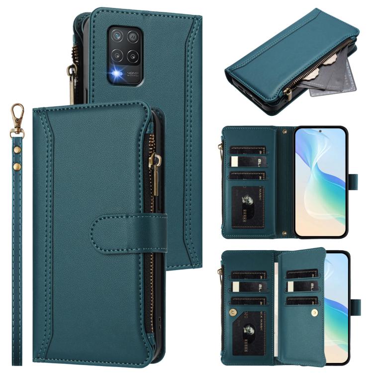 Magnetic Closure 9 Card Slots Zipper Leather Case with Hand Strap, For Realme C30 4G / Narzo 50i Prime / C30S, For Realme GT NEO 3T, For Realme 9 Pro+ 5G / Narzo 50 Pro, For Realme GT Neo3, For Realme V13 5G / Q3 5G / Q3i 5G, For Realme 9 Pro 5G Global...