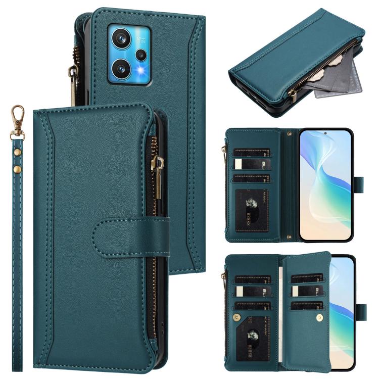Magnetic Closure 9 Card Slots Zipper Leather Case with Hand Strap, For Realme C30 4G / Narzo 50i Prime / C30S, For Realme GT NEO 3T, For Realme 9 Pro+ 5G / Narzo 50 Pro, For Realme GT Neo3, For Realme V13 5G / Q3 5G / Q3i 5G, For Realme 9 Pro 5G Global...