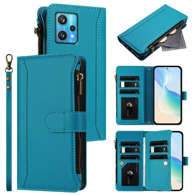 Magnetic Closure 9 Card Slots Zipper Leather Case with Hand Strap, For Realme C30 4G / Narzo 50i Prime / C30S, For Realme GT NEO 3T, For Realme 9 Pro+ 5G / Narzo 50 Pro, For Realme GT Neo3, For Realme V13 5G / Q3 5G / Q3i 5G, For Realme 9 Pro 5G Global...