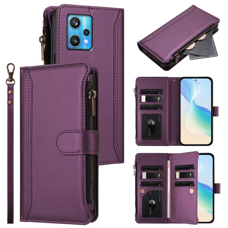 Magnetic Closure 9 Card Slots Zipper Leather Case with Hand Strap, For Realme C30 4G / Narzo 50i Prime / C30S, For Realme GT NEO 3T, For Realme 9 Pro+ 5G / Narzo 50 Pro, For Realme GT Neo3, For Realme V13 5G / Q3 5G / Q3i 5G, For Realme 9 Pro 5G Global...
