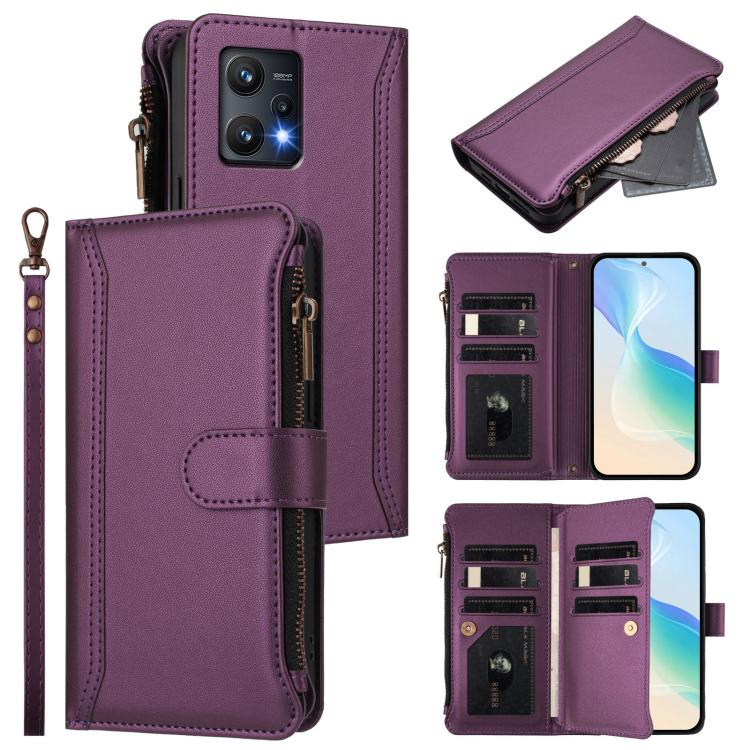 Magnetic Closure 9 Card Slots Zipper Leather Case with Hand Strap, For Realme C30 4G / Narzo 50i Prime / C30S, For Realme GT NEO 3T, For Realme 9 Pro+ 5G / Narzo 50 Pro, For Realme GT Neo3, For Realme V13 5G / Q3 5G / Q3i 5G, For Realme 9 Pro 5G Global...