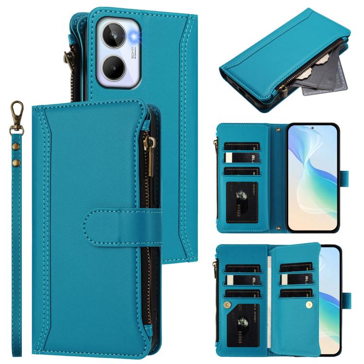 Magnetic Closure 9 Card Slots Zipper Leather Case with Hand Strap, For Realme GT 6 5G Global / GT 6T 5G Global, For Realme C67 4G Global / 12 Lite 4G Global, For Realme 12 Pro 5G Global / P1 Pro 5G, For Realme C53 4G Global / C51 4G                    ...