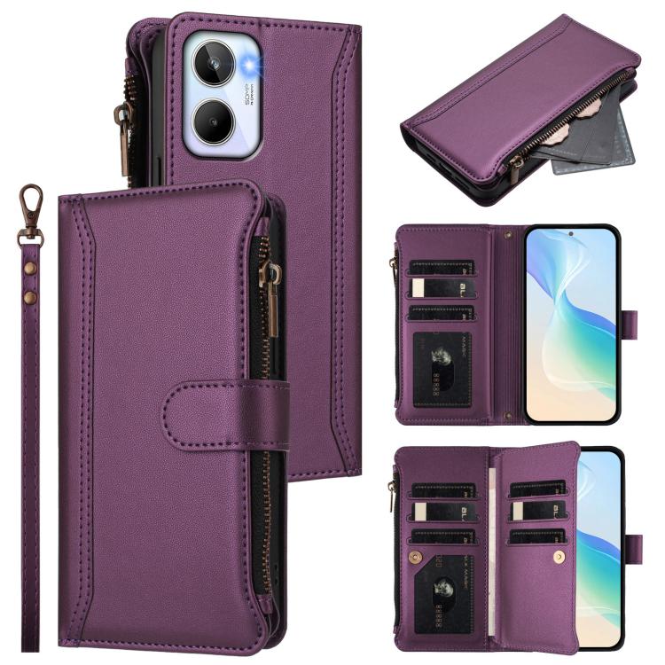 Magnetic Closure 9 Card Slots Zipper Leather Case with Hand Strap, For Realme GT 6 5G Global / GT 6T 5G Global, For Realme C67 4G Global / 12 Lite 4G Global, For Realme 12 Pro 5G Global / P1 Pro 5G, For Realme C53 4G Global / C51 4G                    ...