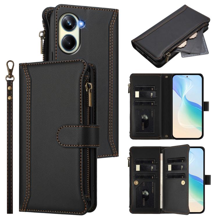 Magnetic Closure 9 Card Slots Zipper Leather Case with Hand Strap, For Realme GT 6 5G Global / GT 6T 5G Global, For Realme C67 4G Global / 12 Lite 4G Global, For Realme 12 Pro 5G Global / P1 Pro 5G, For Realme C53 4G Global / C51 4G                    ...