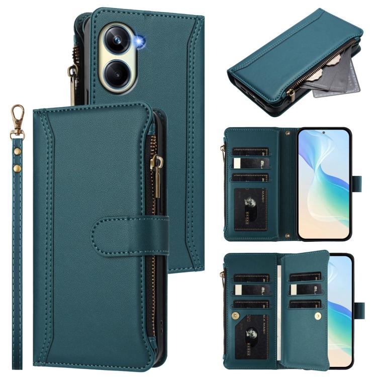 Magnetic Closure 9 Card Slots Zipper Leather Case with Hand Strap, For Realme GT 6 5G Global / GT 6T 5G Global, For Realme C67 4G Global / 12 Lite 4G Global, For Realme 12 Pro 5G Global / P1 Pro 5G, For Realme C53 4G Global / C51 4G                    ...