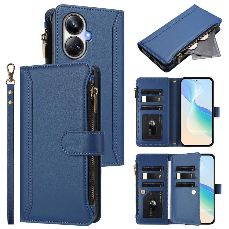 Magnetic Closure 9 Card Slots Zipper Leather Case with Hand Strap, For Realme GT 6 5G Global / GT 6T 5G Global, For Realme C67 4G Global / 12 Lite 4G Global, For Realme 12 Pro 5G Global / P1 Pro 5G, For Realme C53 4G Global / C51 4G                    ...