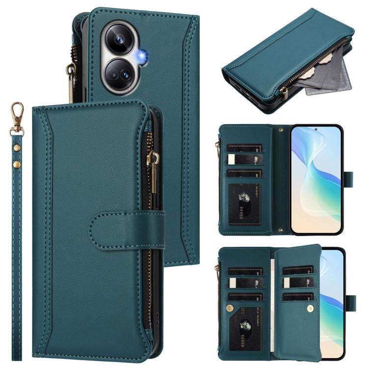 Magnetic Closure 9 Card Slots Zipper Leather Case with Hand Strap, For Realme GT 6 5G Global / GT 6T 5G Global, For Realme C67 4G Global / 12 Lite 4G Global, For Realme 12 Pro 5G Global / P1 Pro 5G, For Realme C53 4G Global / C51 4G                    ...