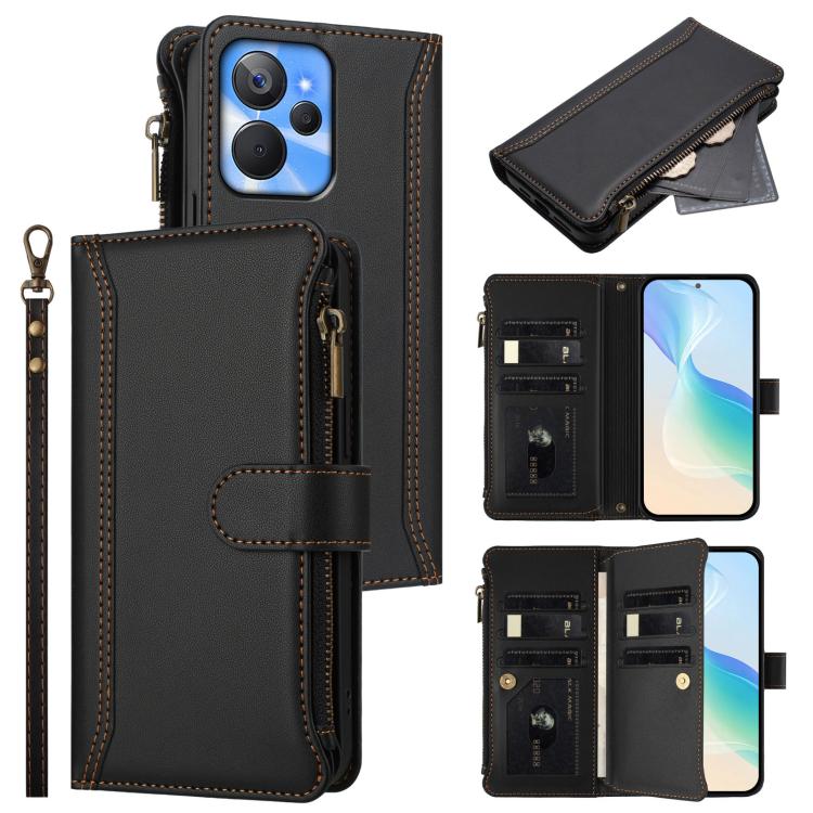 Magnetic Closure 9 Card Slots Zipper Leather Case with Hand Strap, For Realme GT 6 5G Global / GT 6T 5G Global, For Realme C67 4G Global / 12 Lite 4G Global, For Realme 12 Pro 5G Global / P1 Pro 5G, For Realme C53 4G Global / C51 4G                    ...