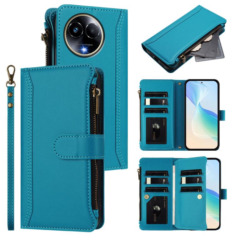 Magnetic Closure 9 Card Slots Zipper Leather Case with Hand Strap, For Realme GT 6 5G Global / GT 6T 5G Global, For Realme C67 4G Global / 12 Lite 4G Global, For Realme 12 Pro 5G Global / P1 Pro 5G, For Realme C53 4G Global / C51 4G                    ...