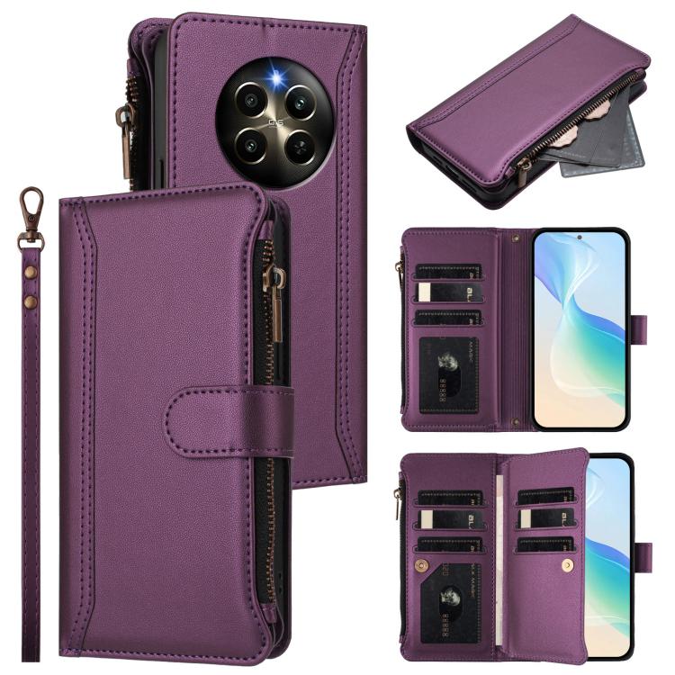 Magnetic Closure 9 Card Slots Zipper Leather Case with Hand Strap, For Realme GT 6 5G Global / GT 6T 5G Global, For Realme C67 4G Global / 12 Lite 4G Global, For Realme 12 Pro 5G Global / P1 Pro 5G, For Realme C53 4G Global / C51 4G                    ...