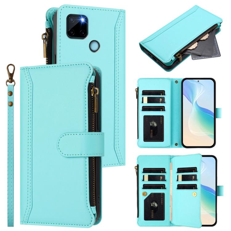 Magnetic Closure 9 Card Slots Zipper Leather Case with Hand Strap, For Realme C30 4G / Narzo 50i Prime / C30S, For Realme GT NEO 3T, For Realme 9 Pro+ 5G / Narzo 50 Pro, For Realme GT Neo3, For Realme V13 5G / Q3 5G / Q3i 5G, For Realme 9 Pro 5G Global...