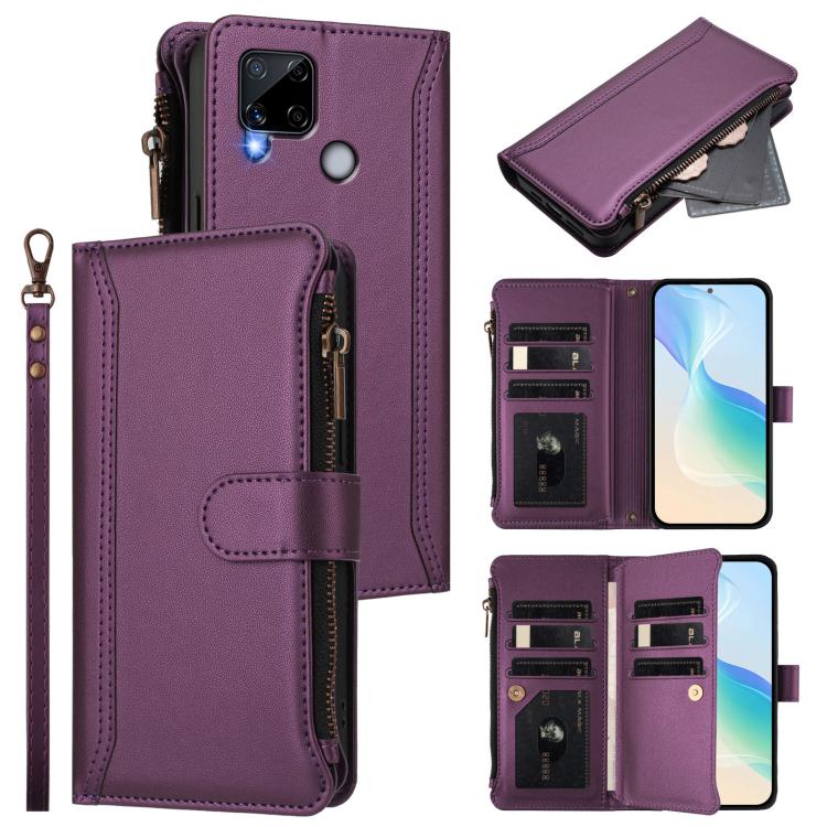 Magnetic Closure 9 Card Slots Zipper Leather Case with Hand Strap, For Realme C30 4G / Narzo 50i Prime / C30S, For Realme GT NEO 3T, For Realme 9 Pro+ 5G / Narzo 50 Pro, For Realme GT Neo3, For Realme V13 5G / Q3 5G / Q3i 5G, For Realme 9 Pro 5G Global...
