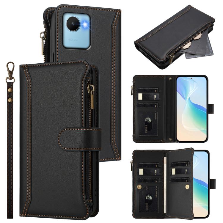 Magnetic Closure 9 Card Slots Zipper Leather Case with Hand Strap, For Realme C30 4G / Narzo 50i Prime / C30S, For Realme GT NEO 3T, For Realme 9 Pro+ 5G / Narzo 50 Pro, For Realme GT Neo3, For Realme V13 5G / Q3 5G / Q3i 5G, For Realme 9 Pro 5G Global...