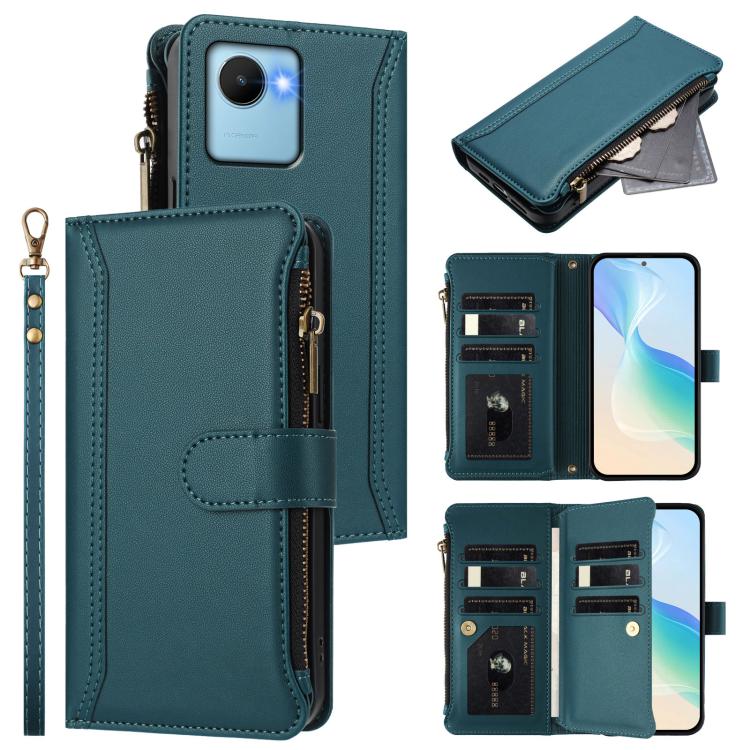 Magnetic Closure 9 Card Slots Zipper Leather Case with Hand Strap, For Realme C30 4G / Narzo 50i Prime / C30S, For Realme GT NEO 3T, For Realme 9 Pro+ 5G / Narzo 50 Pro, For Realme GT Neo3, For Realme V13 5G / Q3 5G / Q3i 5G, For Realme 9 Pro 5G Global...
