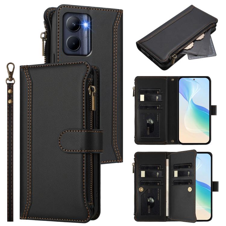 Magnetic Closure 9 Card Slots Zipper Leather Case with Hand Strap, For Realme GT 6 5G Global / GT 6T 5G Global, For Realme C67 4G Global / 12 Lite 4G Global, For Realme 12 Pro 5G Global / P1 Pro 5G, For Realme C53 4G Global / C51 4G                    ...