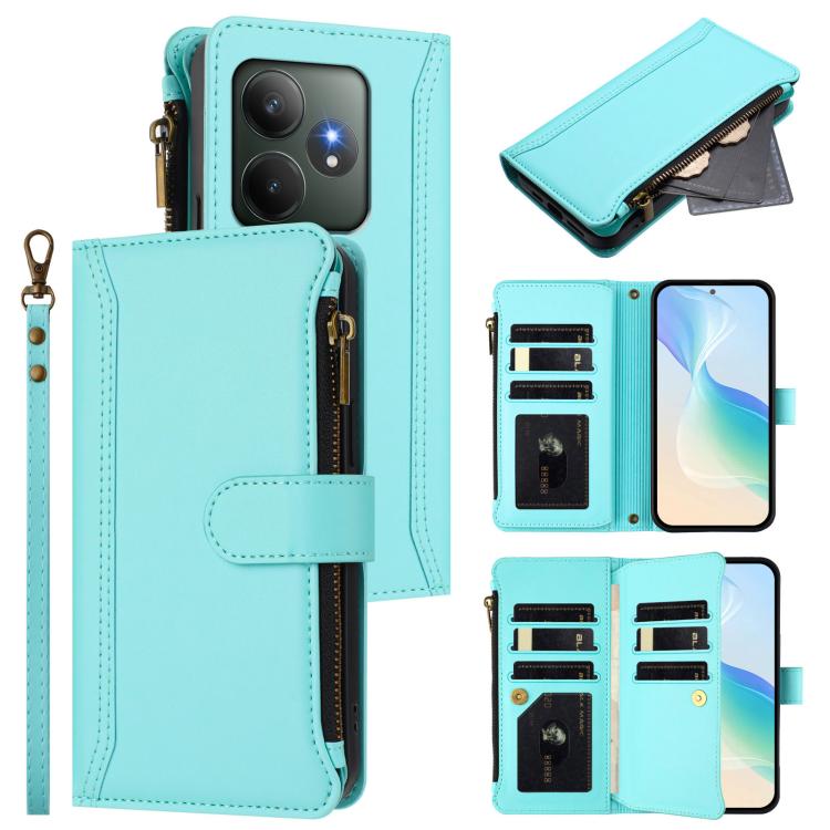 Magnetic Closure 9 Card Slots Zipper Leather Case with Hand Strap, For Realme GT 6 5G Global / GT 6T 5G Global, For Realme C67 4G Global / 12 Lite 4G Global, For Realme 12 Pro 5G Global / P1 Pro 5G, For Realme C53 4G Global / C51 4G                    ...