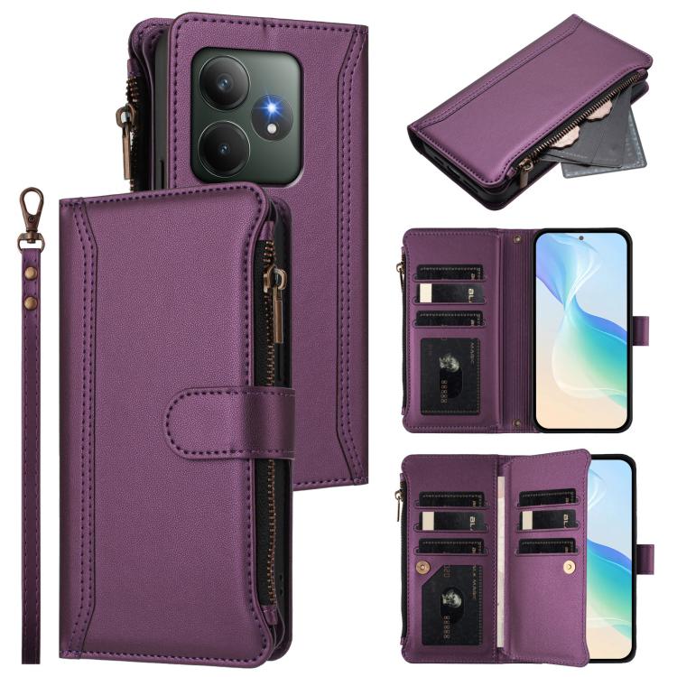 Magnetic Closure 9 Card Slots Zipper Leather Case with Hand Strap, For Realme GT 6 5G Global / GT 6T 5G Global, For Realme C67 4G Global / 12 Lite 4G Global, For Realme 12 Pro 5G Global / P1 Pro 5G, For Realme C53 4G Global / C51 4G                    ...