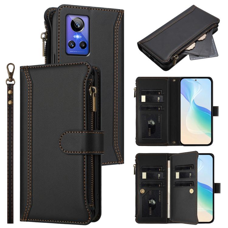 Magnetic Closure 9 Card Slots Zipper Leather Case with Hand Strap, For Realme C30 4G / Narzo 50i Prime / C30S, For Realme GT NEO 3T, For Realme 9 Pro+ 5G / Narzo 50 Pro, For Realme GT Neo3, For Realme V13 5G / Q3 5G / Q3i 5G, For Realme 9 Pro 5G Global...