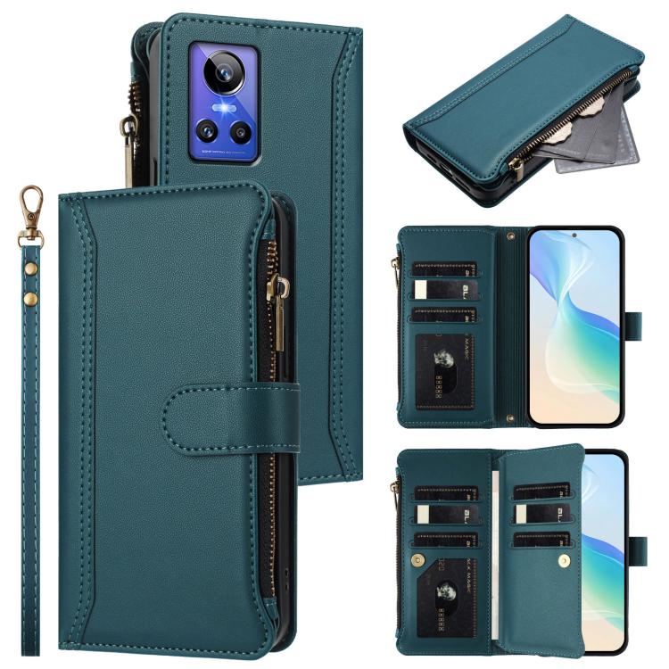 Magnetic Closure 9 Card Slots Zipper Leather Case with Hand Strap, For Realme C30 4G / Narzo 50i Prime / C30S, For Realme GT NEO 3T, For Realme 9 Pro+ 5G / Narzo 50 Pro, For Realme GT Neo3, For Realme V13 5G / Q3 5G / Q3i 5G, For Realme 9 Pro 5G Global...
