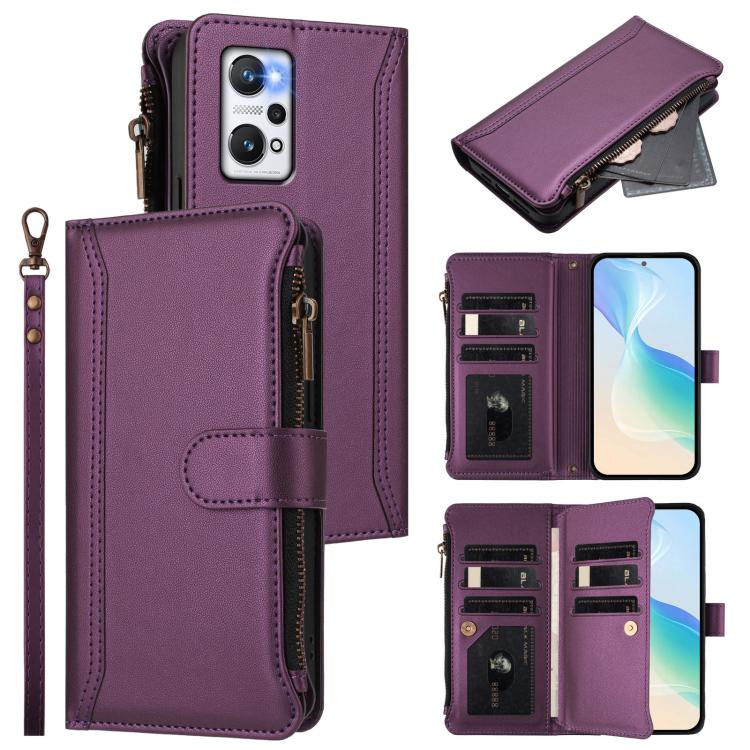 Magnetic Closure 9 Card Slots Zipper Leather Case with Hand Strap, For Realme C30 4G / Narzo 50i Prime / C30S, For Realme GT NEO 3T, For Realme 9 Pro+ 5G / Narzo 50 Pro, For Realme GT Neo3, For Realme V13 5G / Q3 5G / Q3i 5G, For Realme 9 Pro 5G Global...