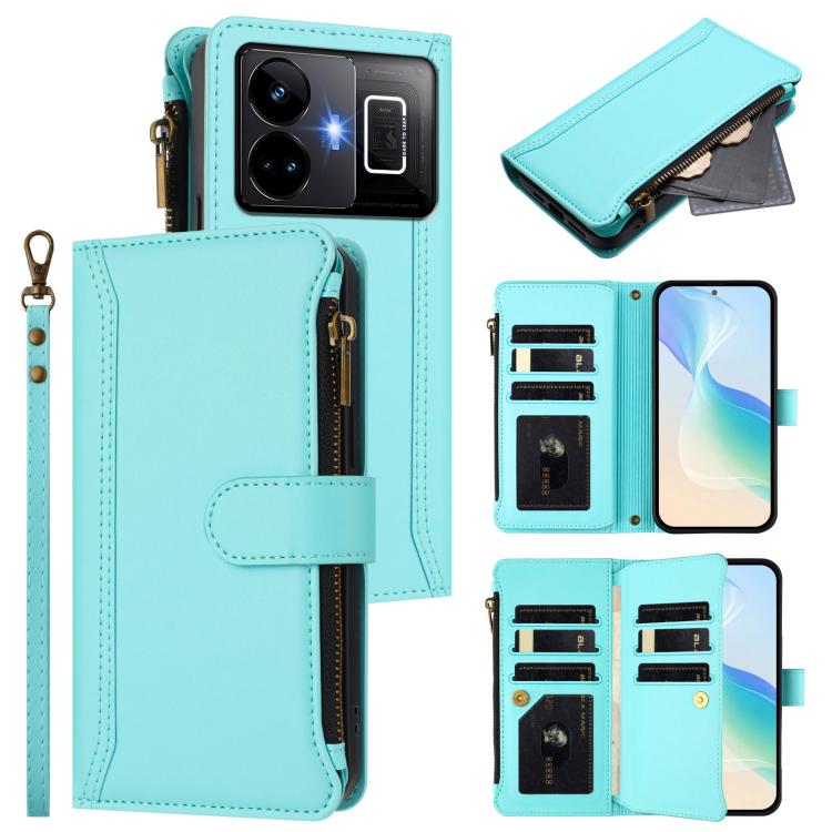 Magnetic Closure 9 Card Slots Zipper Leather Case with Hand Strap, For Realme GT 6 5G Global / GT 6T 5G Global, For Realme C67 4G Global / 12 Lite 4G Global, For Realme 12 Pro 5G Global / P1 Pro 5G, For Realme C53 4G Global / C51 4G                    ...