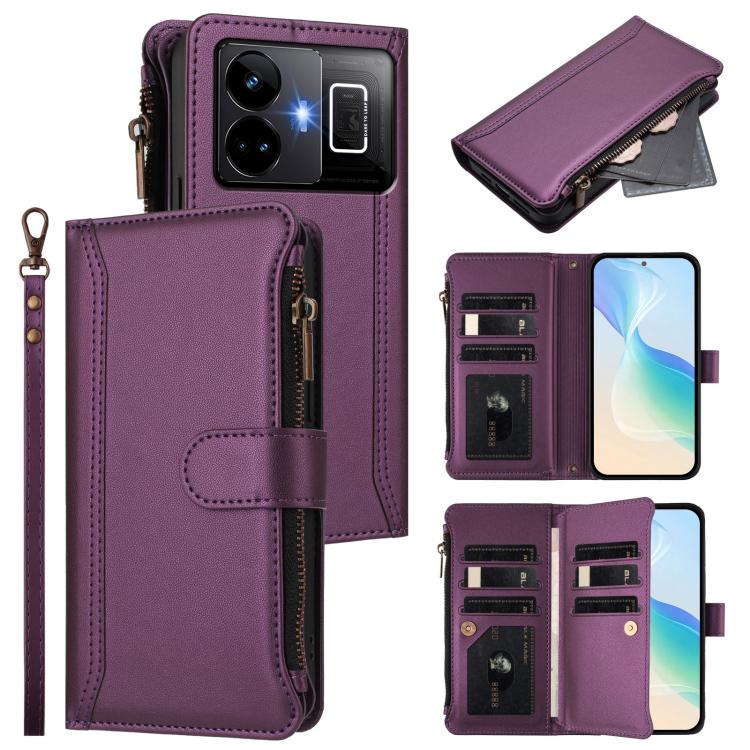 Magnetic Closure 9 Card Slots Zipper Leather Case with Hand Strap, For Realme GT 6 5G Global / GT 6T 5G Global, For Realme C67 4G Global / 12 Lite 4G Global, For Realme 12 Pro 5G Global / P1 Pro 5G, For Realme C53 4G Global / C51 4G                    ...