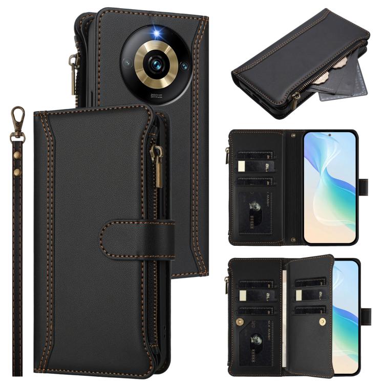 Magnetic Closure 9 Card Slots Zipper Leather Case with Hand Strap, For Realme GT 6 5G Global / GT 6T 5G Global, For Realme C67 4G Global / 12 Lite 4G Global, For Realme 12 Pro 5G Global / P1 Pro 5G, For Realme C53 4G Global / C51 4G                    ...