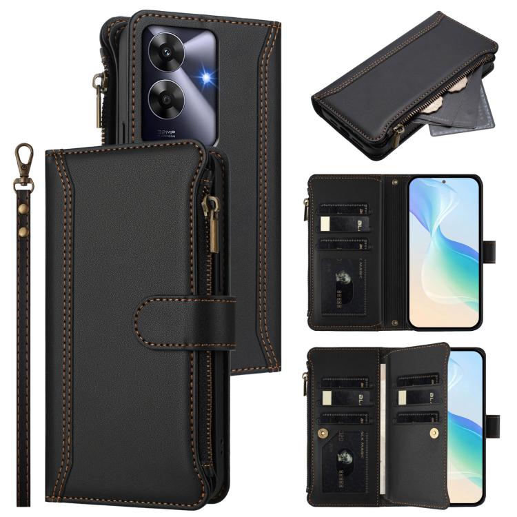 Magnetic Closure 9 Card Slots Zipper Leather Case with Hand Strap, For Realme Narzo 80 Pro, For Realme Narzo 80X, For Realme P3 Ultra 5G  Global, For Realme P3 5G Global, For Realme P3 Pro 5G  Global, For Realme 14 Pro+ 5G, For Realme 14 Pro 5G India  ...