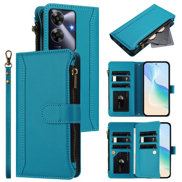 Magnetic Closure 9 Card Slots Zipper Leather Case with Hand Strap, For Realme Narzo 80 Pro, For Realme Narzo 80X, For Realme P3 Ultra 5G  Global, For Realme P3 5G Global, For Realme P3 Pro 5G  Global, For Realme 14 Pro+ 5G, For Realme 14 Pro 5G India  ...