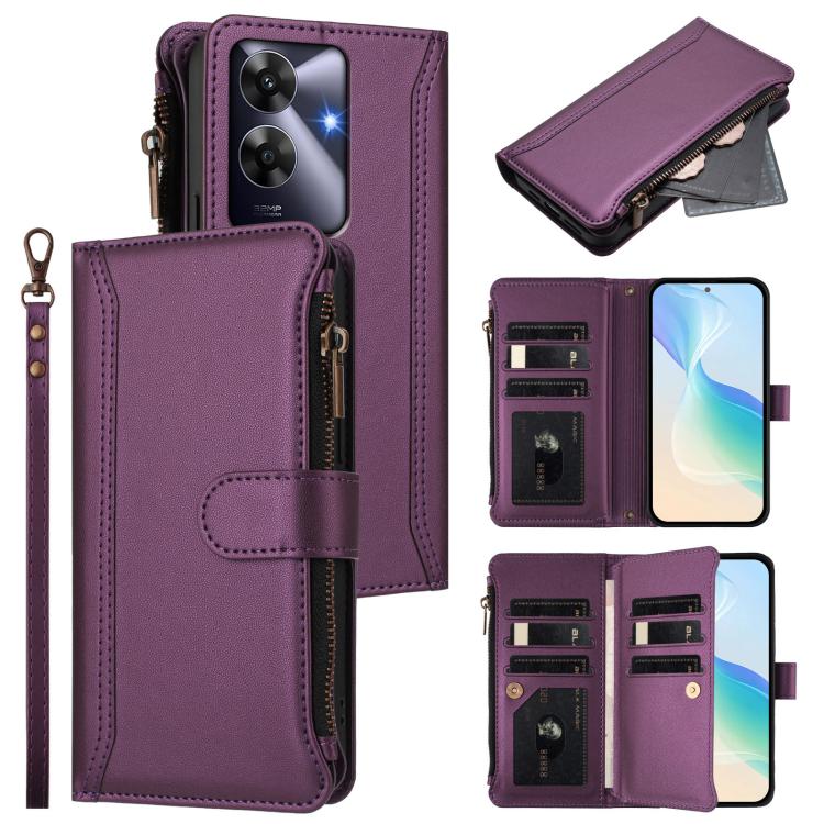 Magnetic Closure 9 Card Slots Zipper Leather Case with Hand Strap, For Realme Narzo 80 Pro, For Realme Narzo 80X, For Realme P3 Ultra 5G  Global, For Realme P3 5G Global, For Realme P3 Pro 5G  Global, For Realme 14 Pro+ 5G, For Realme 14 Pro 5G India  ...