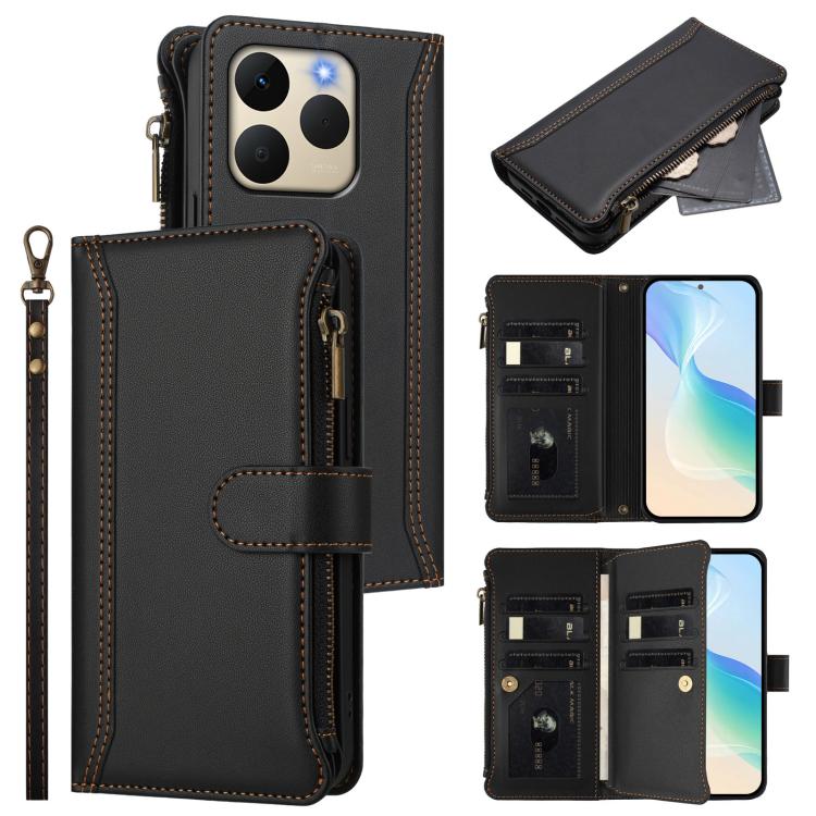 Magnetic Closure 9 Card Slots Zipper Leather Case with Hand Strap, For Realme 16T 5G Global, For Realme C83 5G India/C85 5G, For Realme P4 Power 5G, For Realme Note 80 4G Global, For Realme 16 5G Global, For Realme 16 Pro+ 5G Global                    ...
