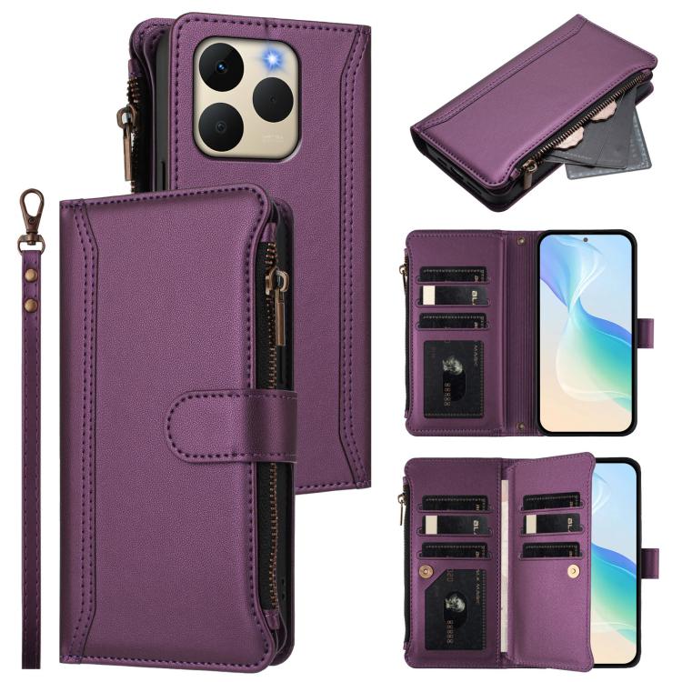 Magnetic Closure 9 Card Slots Zipper Leather Case with Hand Strap, For Realme 16T 5G Global, For Realme C83 5G India/C85 5G, For Realme P4 Power 5G, For Realme Note 80 4G Global, For Realme 16 5G Global, For Realme 16 Pro+ 5G Global                    ...