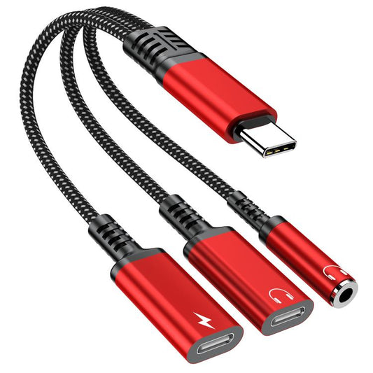 Type-C to 3.5mm and Type-C Charging Audio Adapter Cable, 3 in 1 (Red), 3 in 1 (Grey), 3 in 1 (Black)