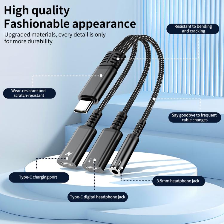 Type-C to 3.5mm and Type-C Charging Audio Adapter Cable, 3 in 1 (Red), 3 in 1 (Grey), 3 in 1 (Black)